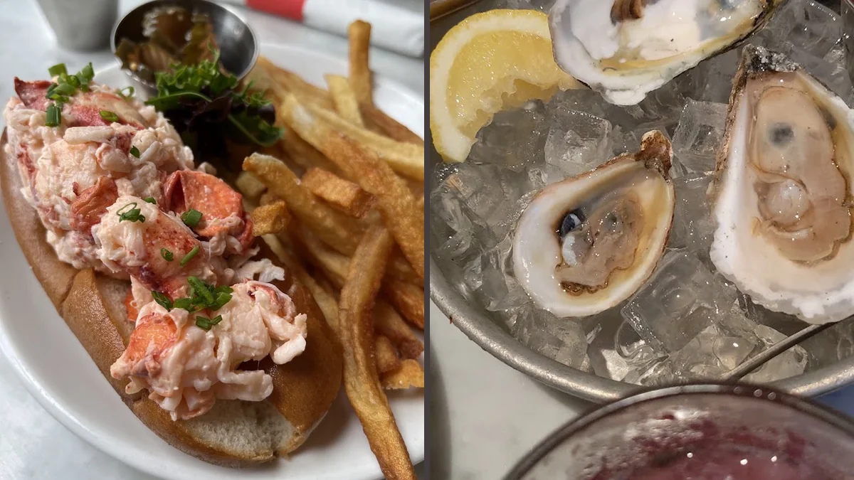 Raw bar seating and lobster dishes in a casual dining room.
