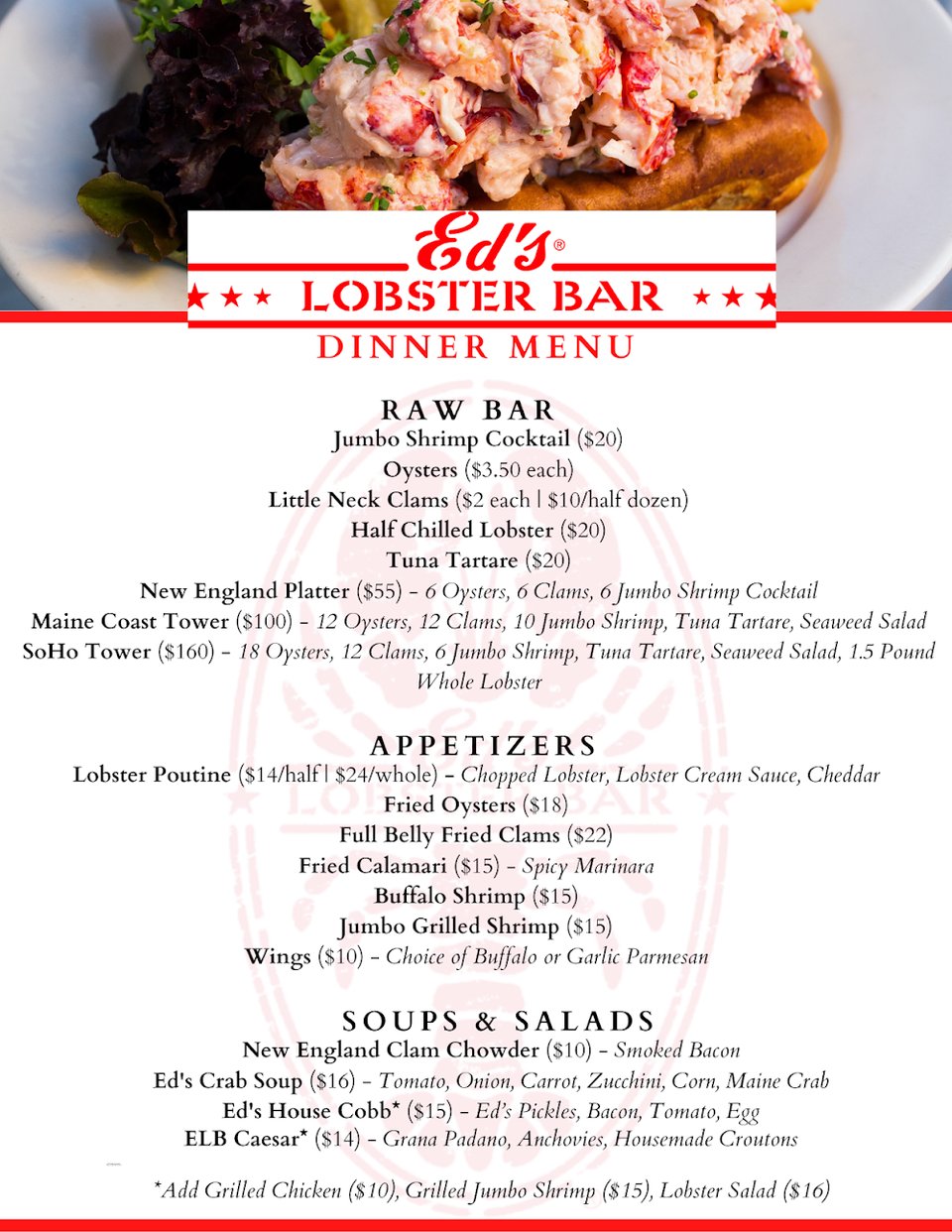 All-day seafood menu with chowder and lobster bisque.